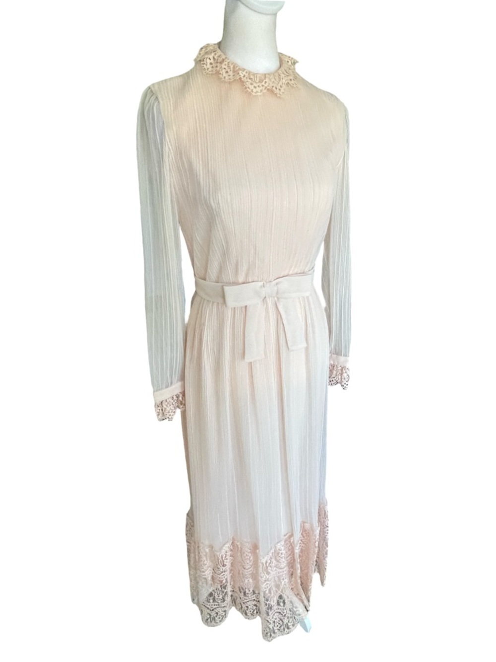 Vintage 70s Miss Elliette Blush Lace Prairie Dress Cottagecore Size 8